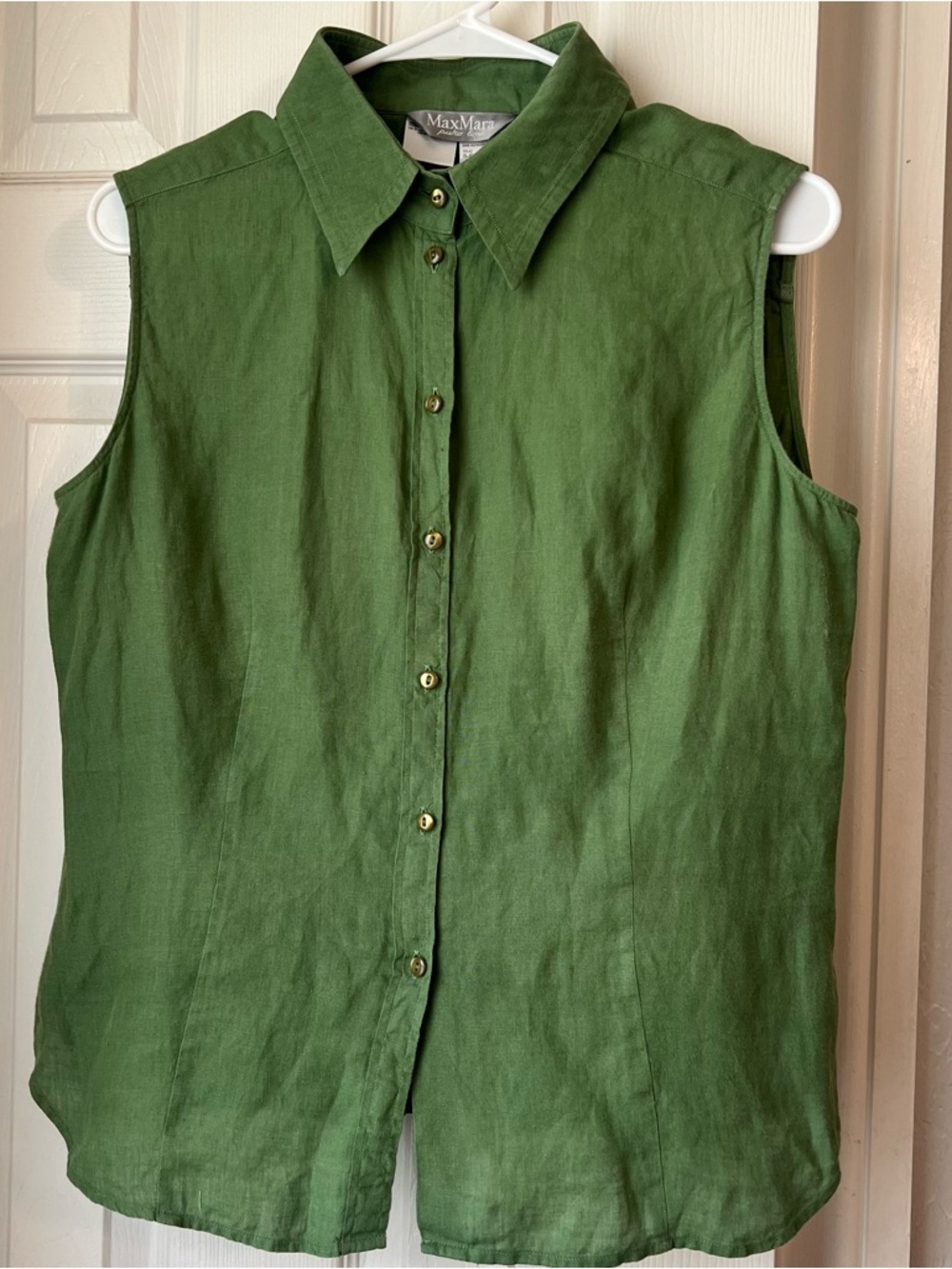 MaxMara Olive Green Sleeveless Linen Button-Front Top